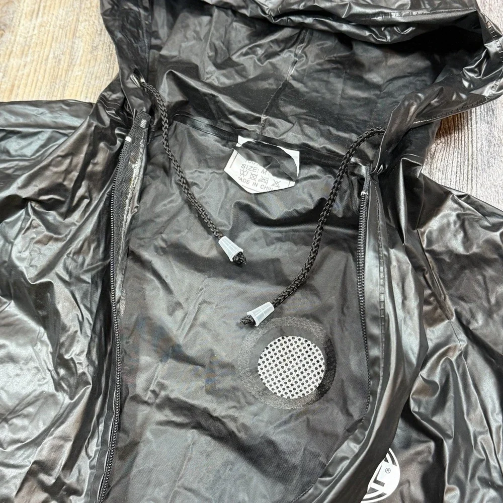 Fossil Authentic PVC Hooded Rain Jacket Black Yellow Stripe Full Zip Mens Medium